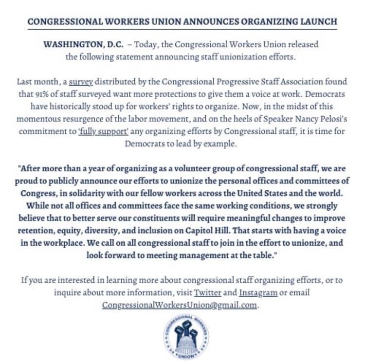 Congressional Workers Union Announces Organizing Launch