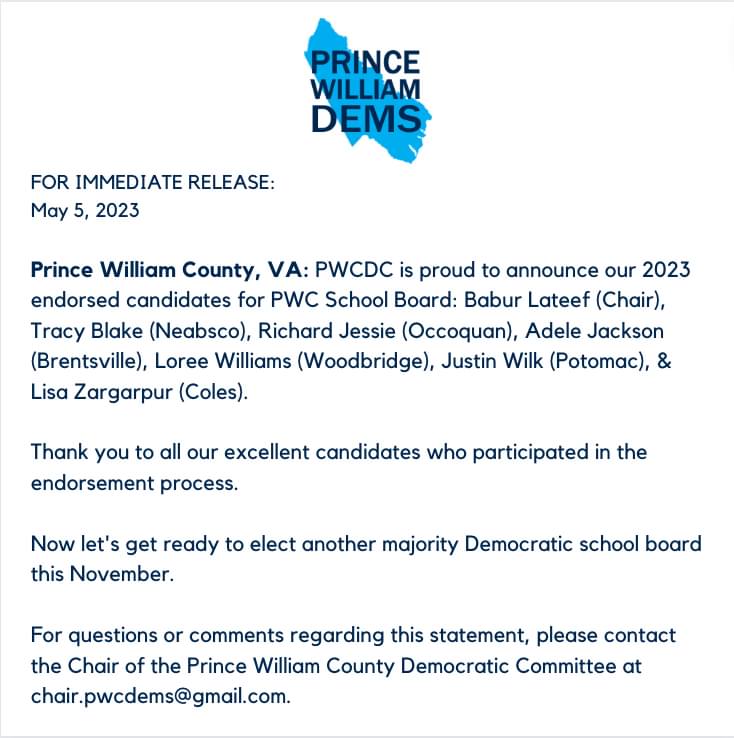 PWC Dems Official Statement on PWC School Board Endorsements