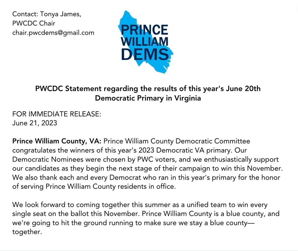 PWCDC Statement Regarding Democratic Primary Results