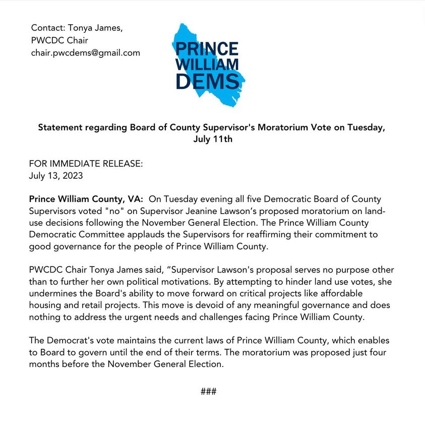 Prince William County Democratic Committee Statement on BOCS Vote on Moratorium