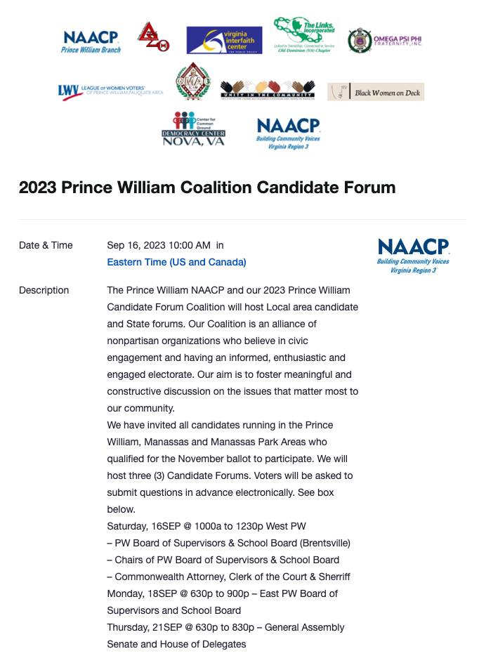 NAACP Prince William Coalition Candidate Forum