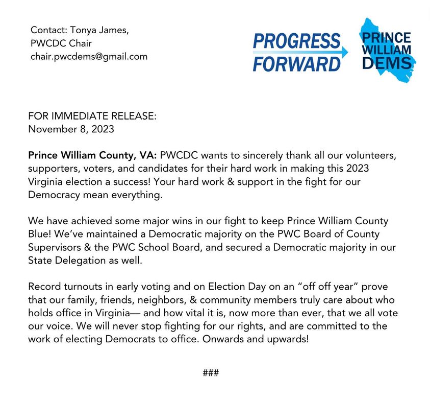 2023 Prince William County Democrats Press Release