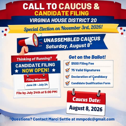Democratic Nominating Committee Announces Call to Caucus and Candidate Filing Requirements for Virginia House District 20 Nominee Selection