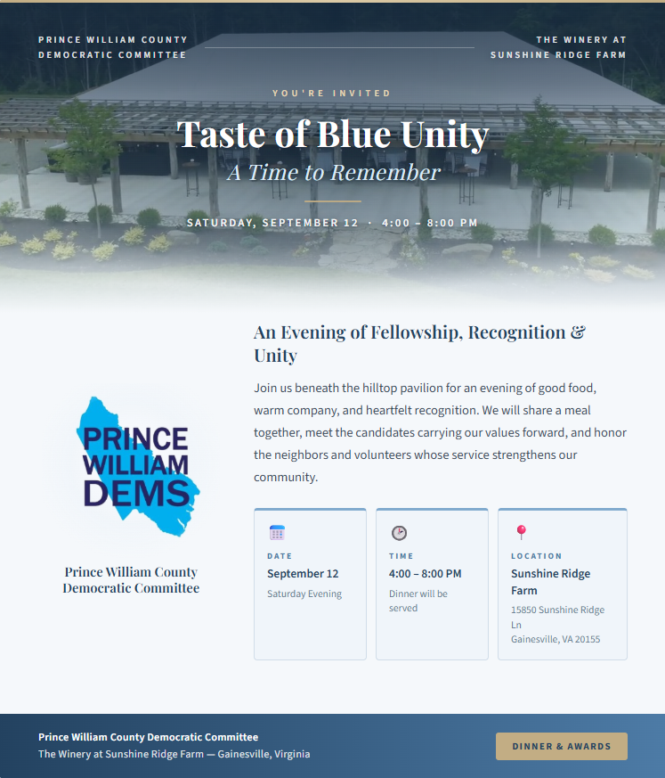 2026 Prince William County Democratic Committee Blue Unity Event Flyer