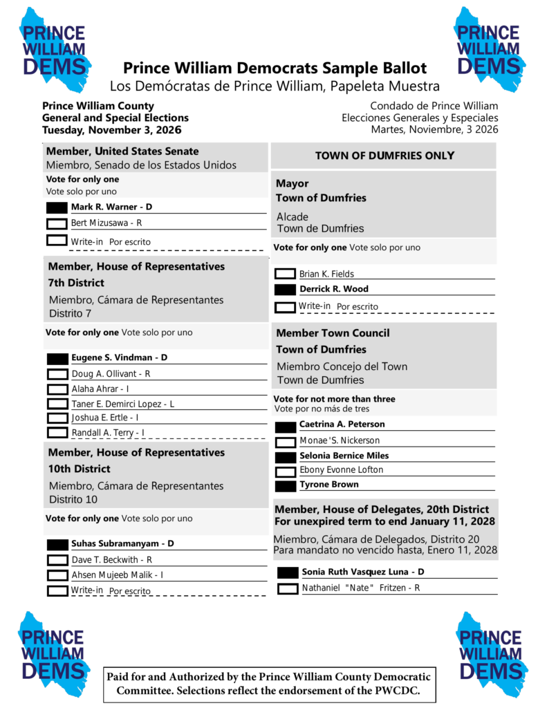 2026 Prince William County Democratic Sample Ballot