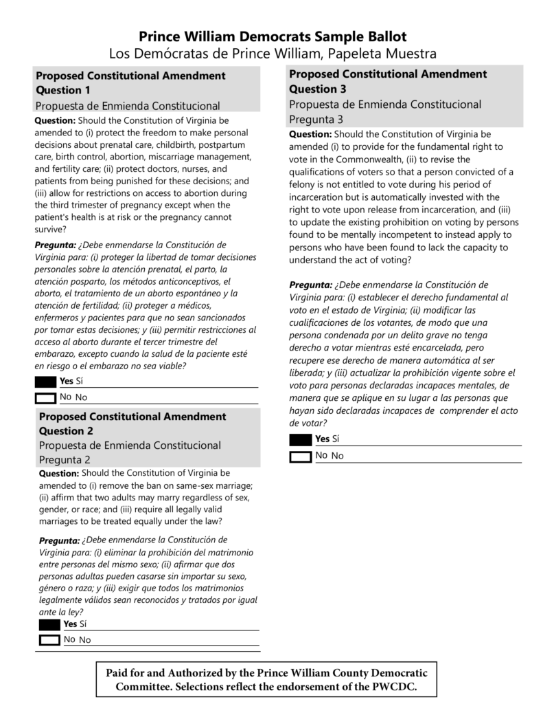 2026 Prince William County Democratic Sample Ballot